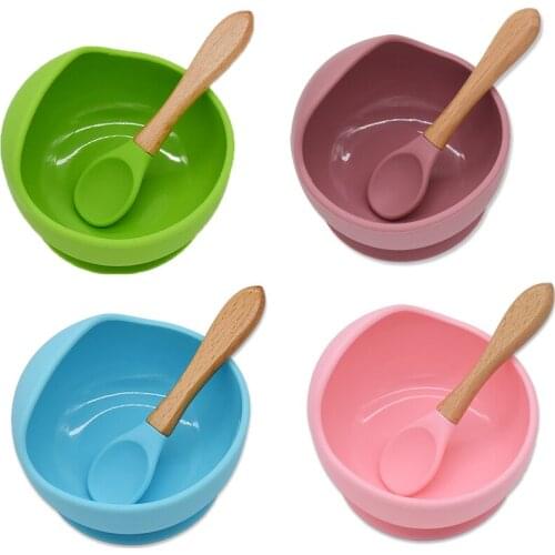 Eco-Friendly Silicone Baby Feeding Bowl Wood Spoon Set Kids Anti-hot Training Bowl Wood Spoon Baby Learning Training Tableware