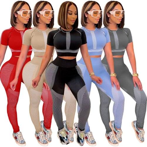 Elastic Yoga Womens Tracksuit Color Patchwork Fitness 2 Piece Set Activewear Short Sleeve Crop Top And Leggings Workout Outfits