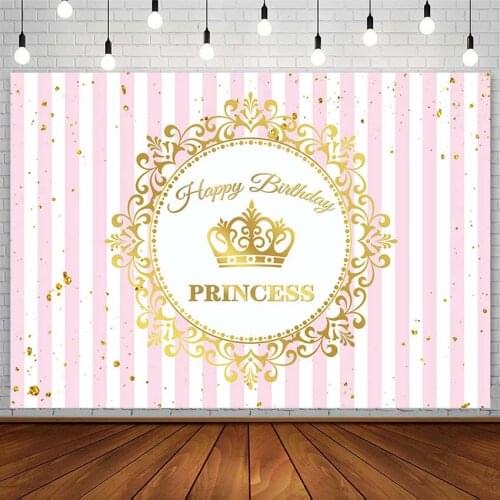 Princess Backdrop Girl Happy Birthday Party Pink Stripe Gold Crown Dot Photography Background Photo Studio Photozone Decor Props