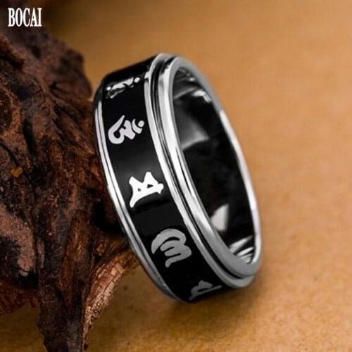 100% real s925 pure silver ring for men six-character mantra good luck turning man ring polished rubber electroplated platinum