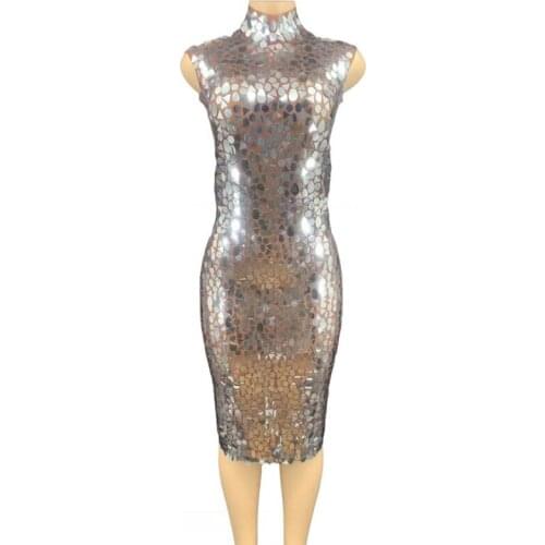 Women New Sexy Shining Silver Sequins See Through Dress Birthday Celebrate Perspective Stretch Dress Stage Costume Dance Outfit