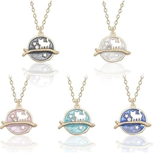 DIY Cute Kitten Necklace For Women Girls Planet Stars Sky Crystal Enamel Pendant Choker Lovely Cartoon Child Jewelry Gifts