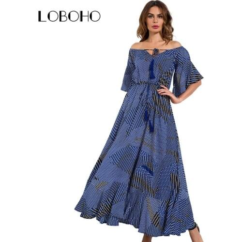 Off Shoulder Maxi Dress Autumn 2017 New Arrival Printed Ruffle Dress Boho Style Half Sleeve Lace Up Long Dresses Women Clothing