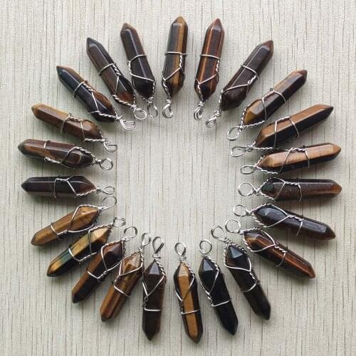 Wholesale 24pcs/lot natural tiger eye stone Chakra charms pillar shape pendants 8x32mm for jewelry making free shipping