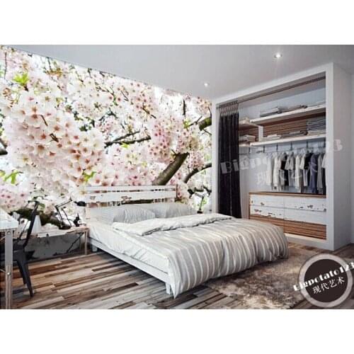 The custom 3D murals,beautiful fresh flowers bloom pink cherry blossoms,living room sofa TV wall bedroom background wall paper