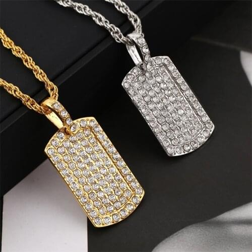 Simple Geometry Square Rhinestone Pendants Necklaces For Women Men Hip Hop Jewelry Gold Silver Color Long Chain Necklace Gift