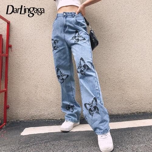Darlingaga Streetwear Butterfly Print Straight Baggy Jeans Casual Vintage Long Denim Pants Ladies High Waist Jeans Mom Y2K Capri