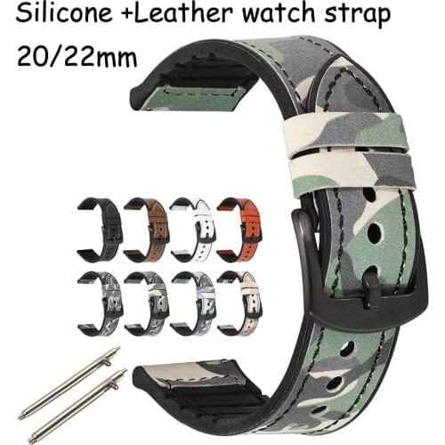 20mm 22mm Genuine Leather Rubber Silicone Watch Strap Camouflage Sewing Replacement Watchband Retro Wrist Band Bracelet TP8030