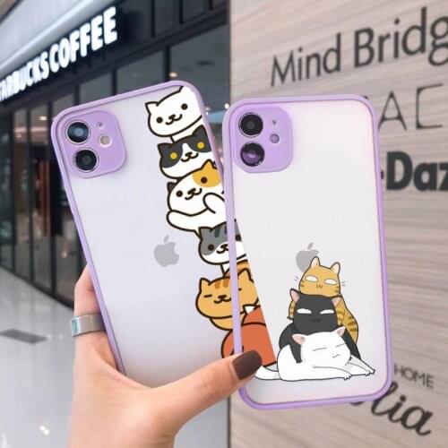 Cartoon cute cat Phone Case Matte transparent For Purple iPhone 12 Mini 11 Pro XR XS Max 7 8 Plus X Back Cover