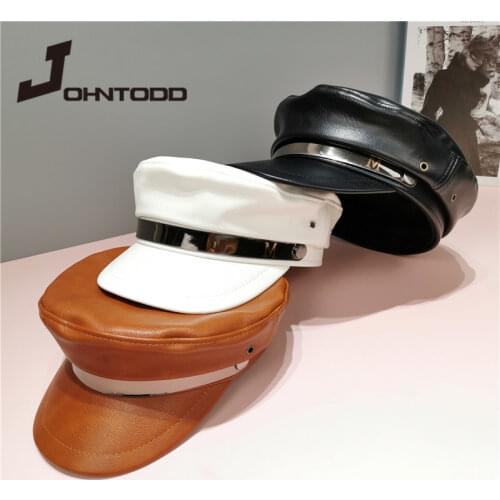 Nightclub helmet black PU leather military cap performance night bar shade captain cap adult men and women sailor ww2 hat