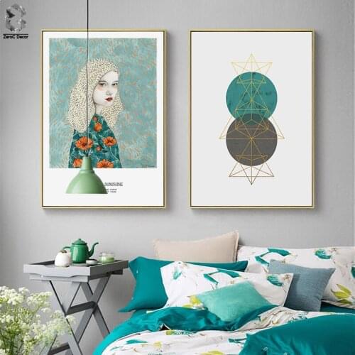 Nordic Modern Geometric Canvas Paintings Art Print Posters Fresh Girl Figure Wall Art Pictures for Home Living Room Decoration