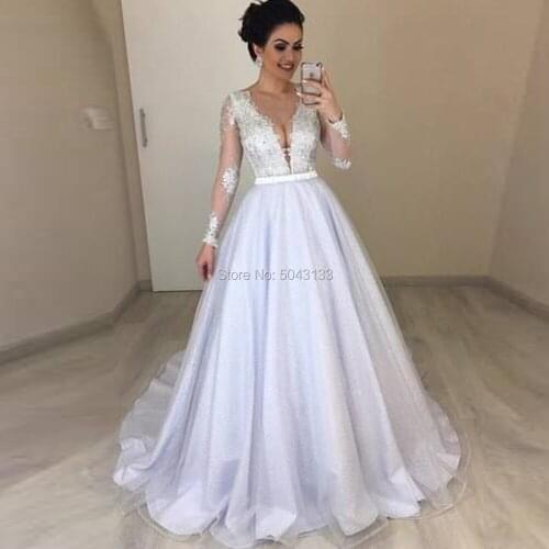 Vestido De Noiva Deep V Neck Long Sleeves Wedding Dresses Silver Appliques Shiny Tulle Bridal Wedding Gowns Floor Length Buttons