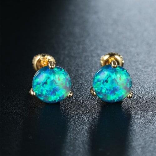 Vintage Gold Color Small Earrings 6/7/8mm Round Stone Stud Earrings Blue Fire Opal Screw Back Earrings For Women Wedding Jewelry