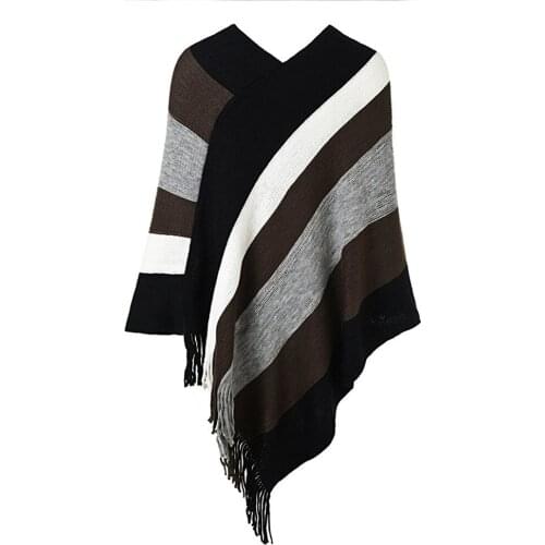 Womens Elegant Knitted Poncho Top Plus Size with Stripe Patterns and Fringed Sides