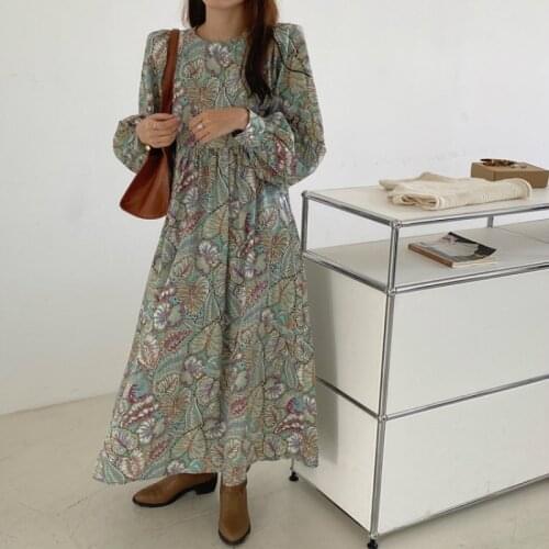 2021 New Women Spring Vintage Loose Long Floral Chiffon Dress High Waist A-line Type Round Collar Full Sleeve