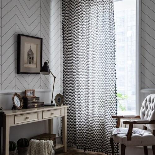 1.5M Width Geometric Printing Cotton Linen Tassels Curtain Home Office Window Decoration Supplies