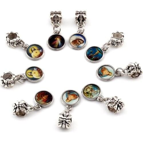 12pcs/lot Dangle Mixed Catholic Church Medals Saints Cross Charm Beads Fit European Bracelets Jewelry DIY 10x25mm A-373a