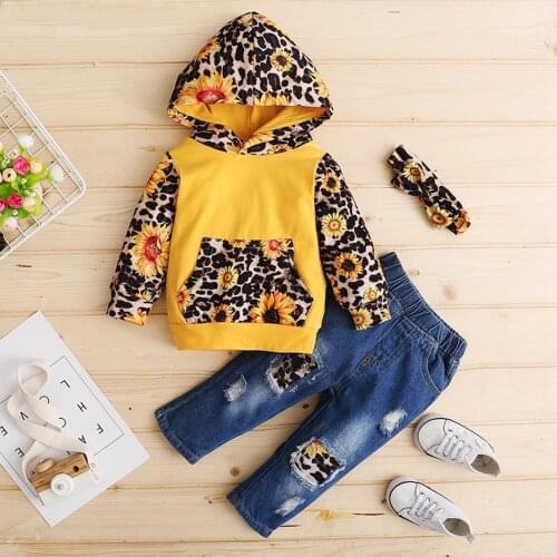 6m-3y Baby Childrens Girls Clothes Sets Sunflower Leopard Hooded Sweater Denim Trousers Jeans 3pcs Girls Clothes Vetement Fille