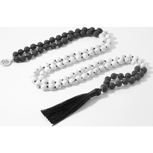 Black Lava & Turquesa Blanco 108 Japa Mala Beaded and Knotted Necklace Meditation Yoga Blessing Declaration Long Tassel Jewelry