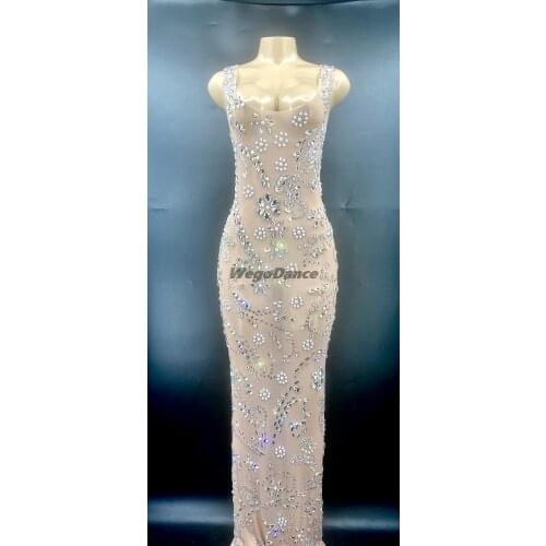 Sparkly Rhinestones Mesh Long Dress Womens Birthday Celebrate See Through Net Dress Stage Costume Dance Outfit