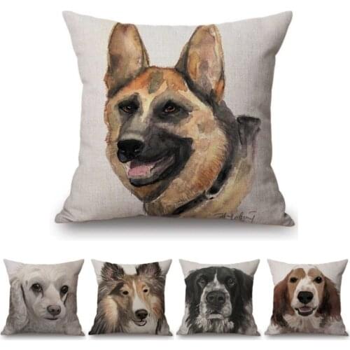 Watercolor Dog Puppy Dachshund Border Collie Pug Cute Pillow for Pet Lovers Cotton Linen Chair Cushion Cover Home Decoration Art