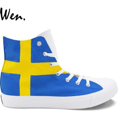 Wen Design Hand Painted Shoes Sweden Flag High Top Men Womens Canvas Sneakers Boy Girl Rope Soled Shoes Outdoor Plimsolls