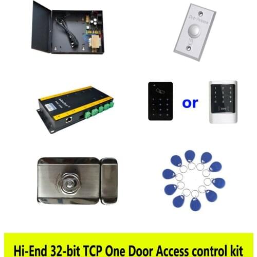 RFID Hi-end access control kit,TCP one door+powercase+intelligent lock+ID touch keypad reader+exit button+10 ID tag,sn:kit-AT109