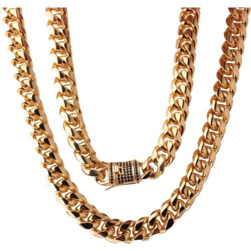 15mm wide Stainless Steel Cuban Miami Chains Necklaces Black Zircon Box Lock Big Heavy Gold Chain for Men Hip Hop Rock jewelry