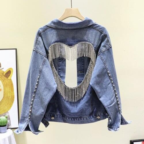 Summer Autumn Cool Back Shiny Rhinestone Tassels Hollow-out Heart-Shaped Jeans Jacket Cropped Jacket Fashion Womens Denim Coat