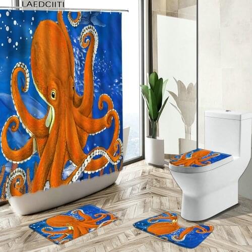 Cartoon Octopus Shower Curtain Colorful Fun Animal Child Bathroom Decor Non-Slip Carpet Toilet Cover Bath Floor Mat Set Washable