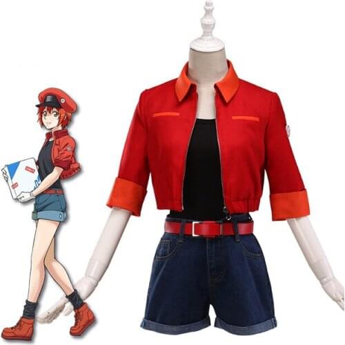 New Cells At Work Hataraku Saibou Anime Cosplay Costume Red Blood Cell Hataraku Saibou Women Anime Cosplay Costume and wig