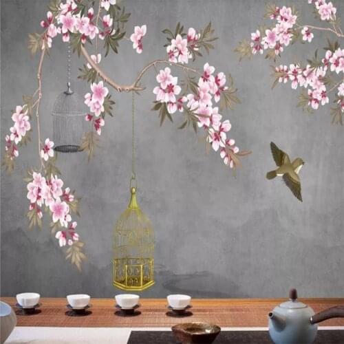 Custom wallpaper hand-painted flowers and birds background wall new Chinese retro birds and flowers mural waterproof material