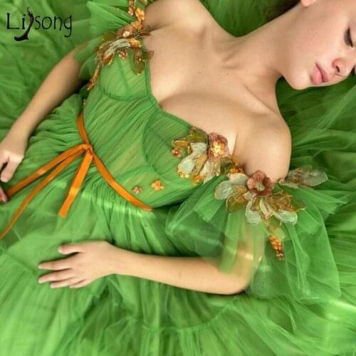Garden Green Tulle Floral Prom Dresses 2021 A-line Long Pretty 3D Flower Prom Gowns Off The Shoulder Formal Party Dress