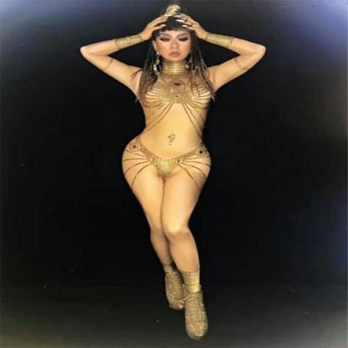 F78 Gold color sexy women jumpsuit ballroom pole dancer costumes dj ds bodysuit party bar stage show wears outfit performance dj
