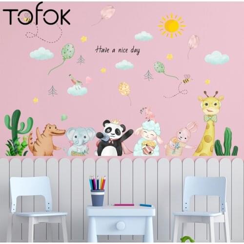 Tofok Cartoon Animal Balloon Wall Sticker Panda Giraffe Elephant Living Room Wall Decals Home Decorative Stickers Bedroom Mural