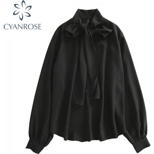 2020 Lace Up Bow Tie Shirt Vintage Long Sleeve Solid Chiffon Casual Blouse Korean Fashion Elegant Office Lady Blusas Woman Tops