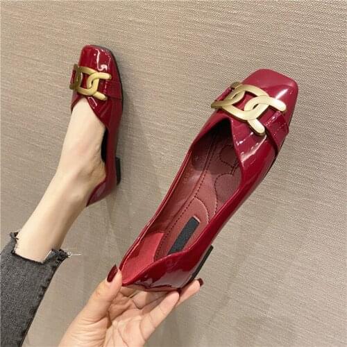 2021 Spring New Metal Decoration Square Toe Shallow Slip-On Women Shoes Patent Leather Soft Sole Casual Flats Femmes Chaussures