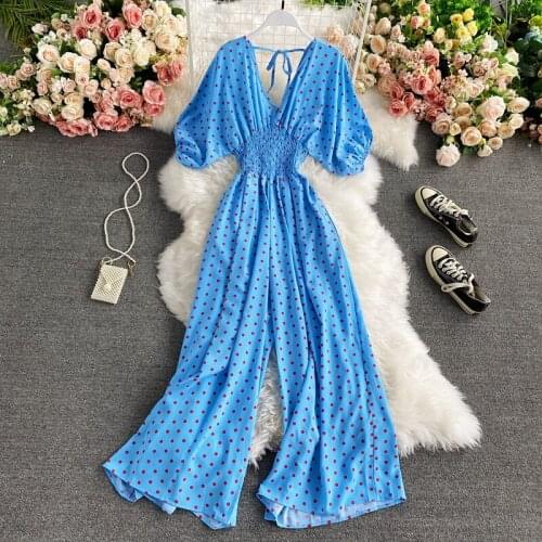Autumn Sexy Polka Dot Jumpsuit Women V-neck Short-sleeved High-waist Jumpsuit Fashion Loose Wide-leg Pants Vacation Clothes
