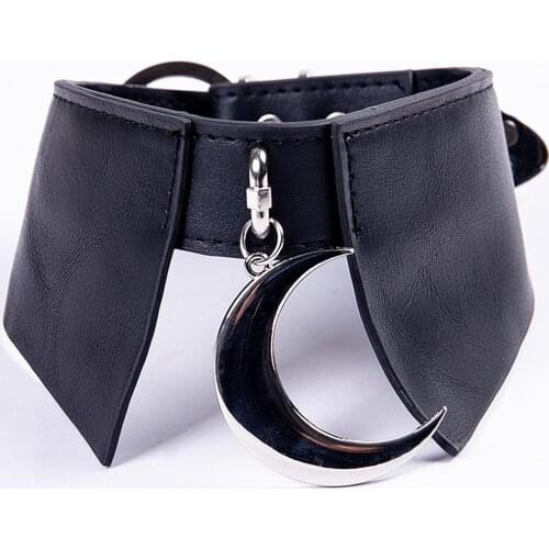 Harajuku Women PU Leather Choker Necklace Adjustable Goth Moon Pendant Black Punk Buckle Torque Necklaces Collars Girls Jewelry