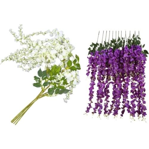 12Pcs Artificial Silk Wisteria Vine Ratta Silk Hanging Flower Wedding Decor, 6Pcs White & 6Pcs Purple