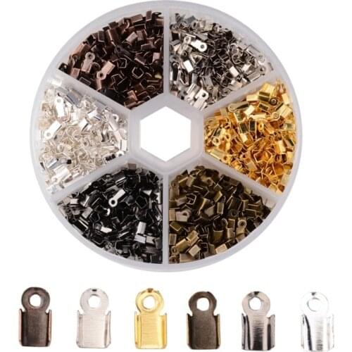 1380pcs/box 6 Colors Iron Folding Crimp Ends Cover Beads DIY Jewelry Making Mixed Color 6x3x2.3mm Hole:1.2mm 230pcs/compartment