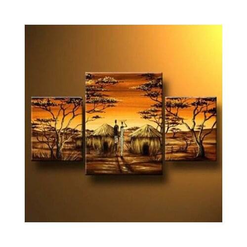 3pcs Hand Painted Canvas Painting-African Village II-Modern Canvas Art Wall Decor-Landscape Oil Painting Wall Art