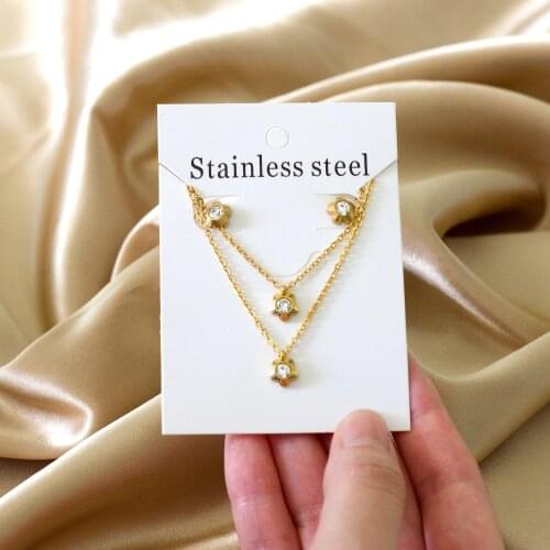 316L Stainless Steel Flower Shape with Cubic Zirconia Necklace and Earrings Double Chain Jewelry Set for Women Gift Jewelry