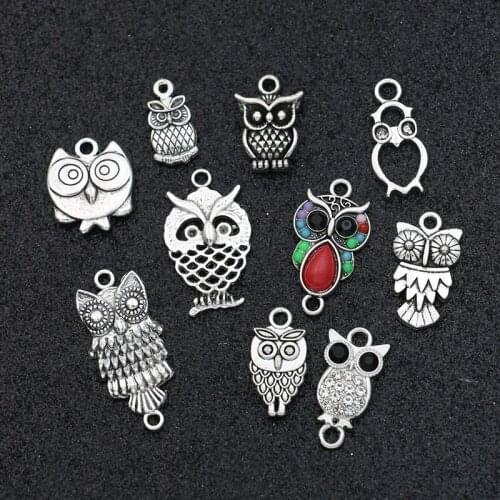 40PCS Antique Silver Plated Crystal Owl Charms Pendant fit Jewelry Making Charm Bracelet DIY Findings