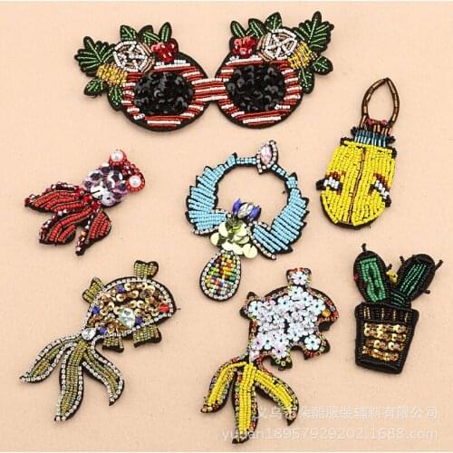 5pcs/lot Beaded Applique Sequin Embroidery Patches Goldfish Glasses Cactus Flower Clothing Cute DIY Crystal Drill Accessories