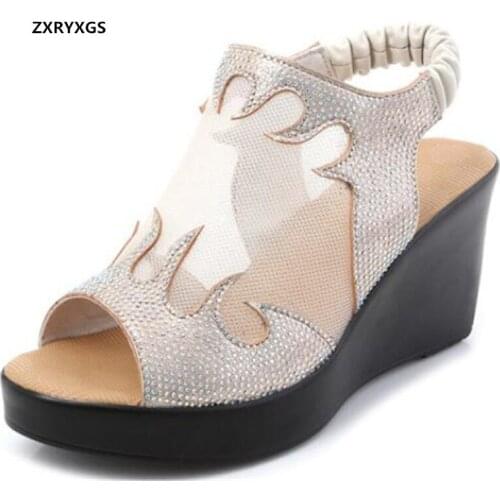 2021 Summer Microfiber Cowhide Mesh Rhinestones Sandals Fashion Shoes Back Strap Thick-soled Wedges Sandals Women Sandal Shoes