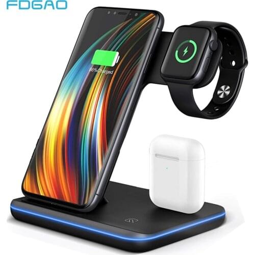 FDGAO 3 in 1 Fast Charging Station for AirPods 15W Qi Quick Wireless Charger 4 in 1 For Apple Watch iPhone 12 11 XS Samsung S21