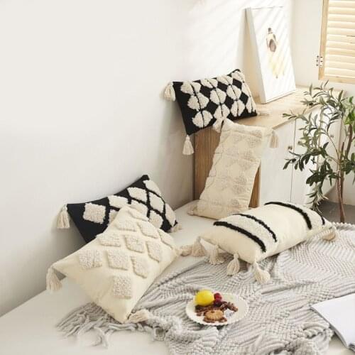 Morocco Ethnic Style Throw Pillow Case with Tassel Boho Woven Tufted Geometric Plaid Striped Lumbar Cushion Cover Decor