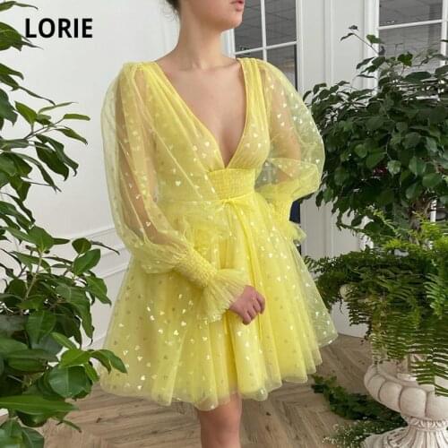 LORIE Yellow Prom Dresses 2021 A-Line V Neck Short Party Gown Long Sleeves Robes de cocktail Dress for Teens Graduation Gown