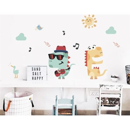Cartoon Dinosaur Playing Guitar Wall Sticker For Kids Room Bedroom Home Decoration Safari Mural Art Diy Animals Decal Pvc Poster